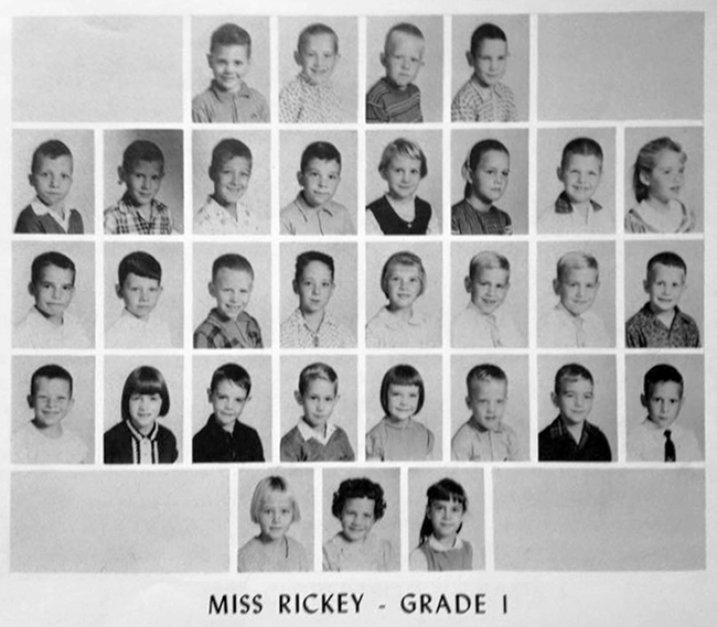 Black and white photograph of a first grade class from Kent Gardens’ 1961 Memory Book.